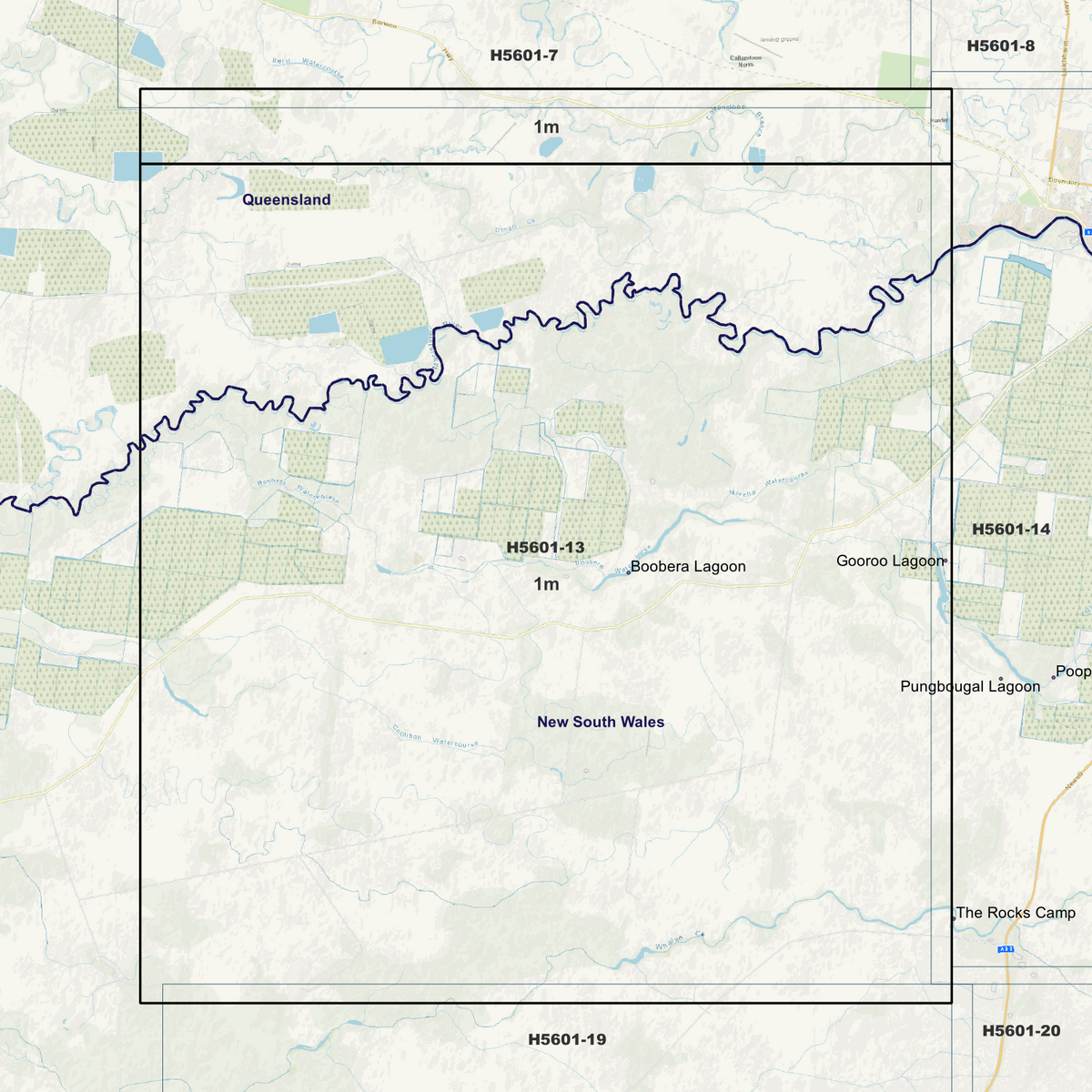 Boobera Lagoon background map showing data coverage boundaries without an elevation overlay.