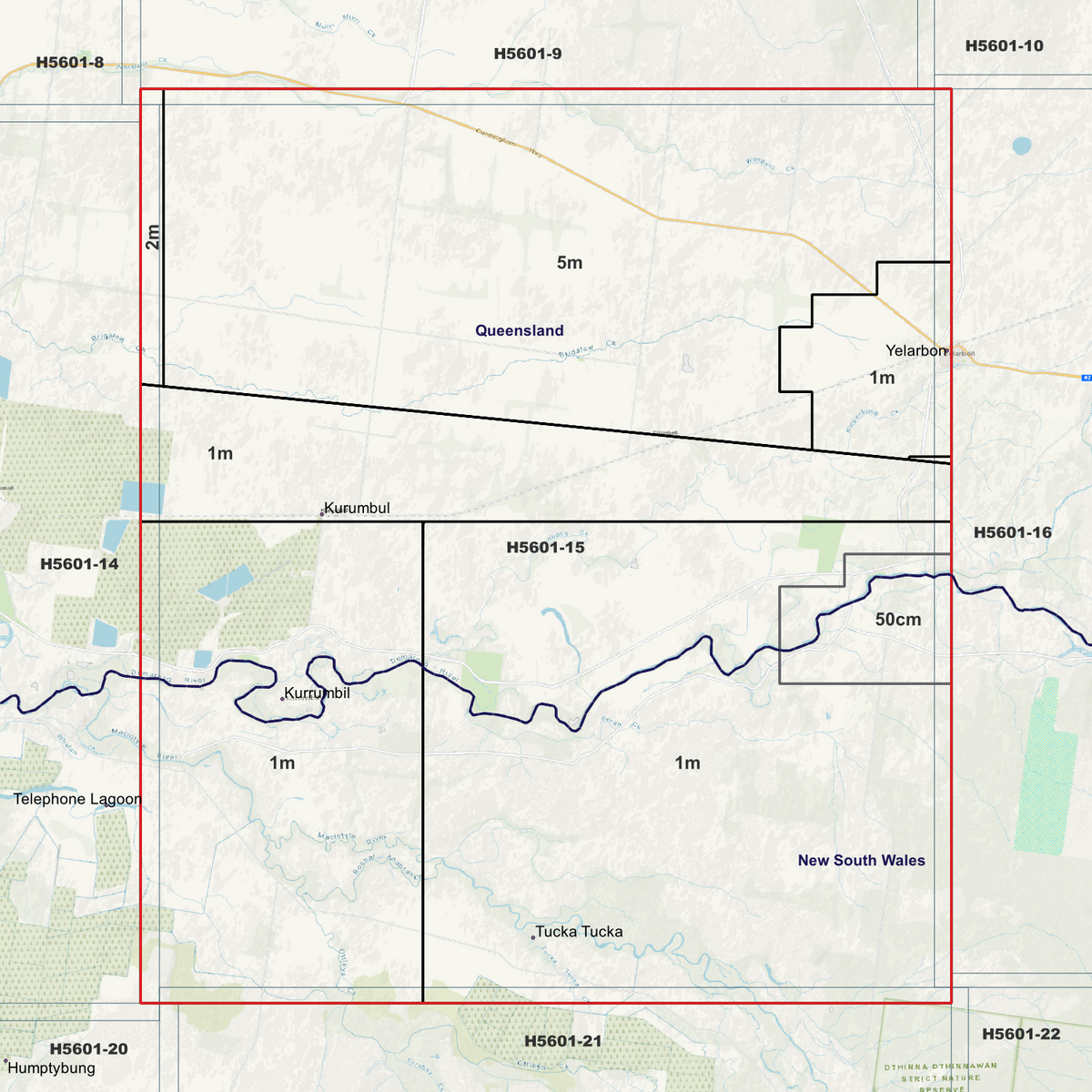 Tucka Tucka background map showing data coverage boundaries without an elevation overlay.