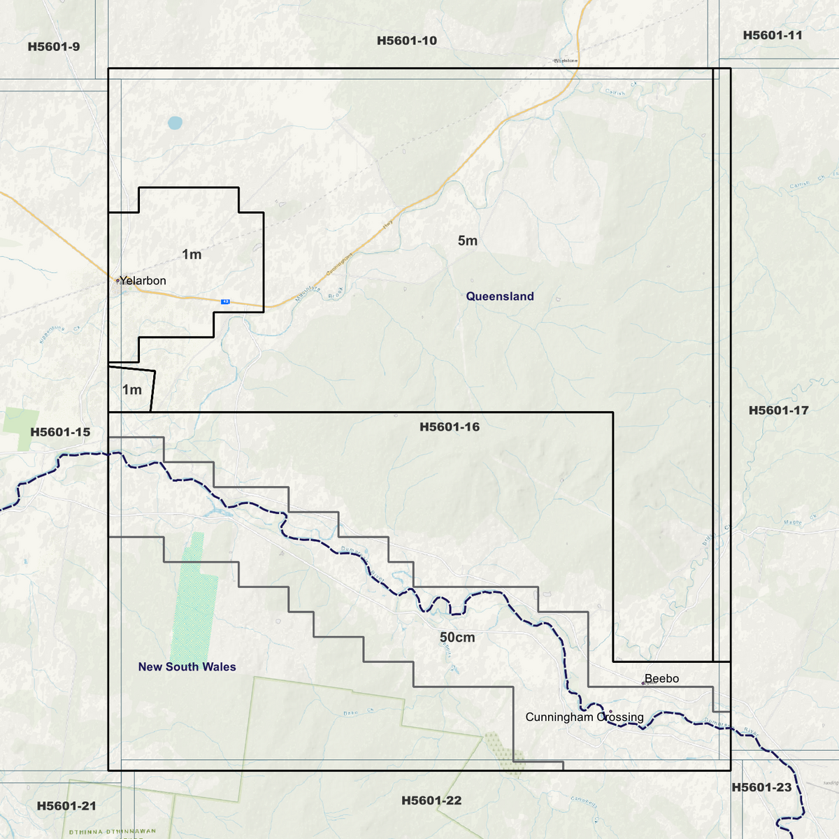 Yelarbon background map showing data coverage boundaries without an elevation overlay.