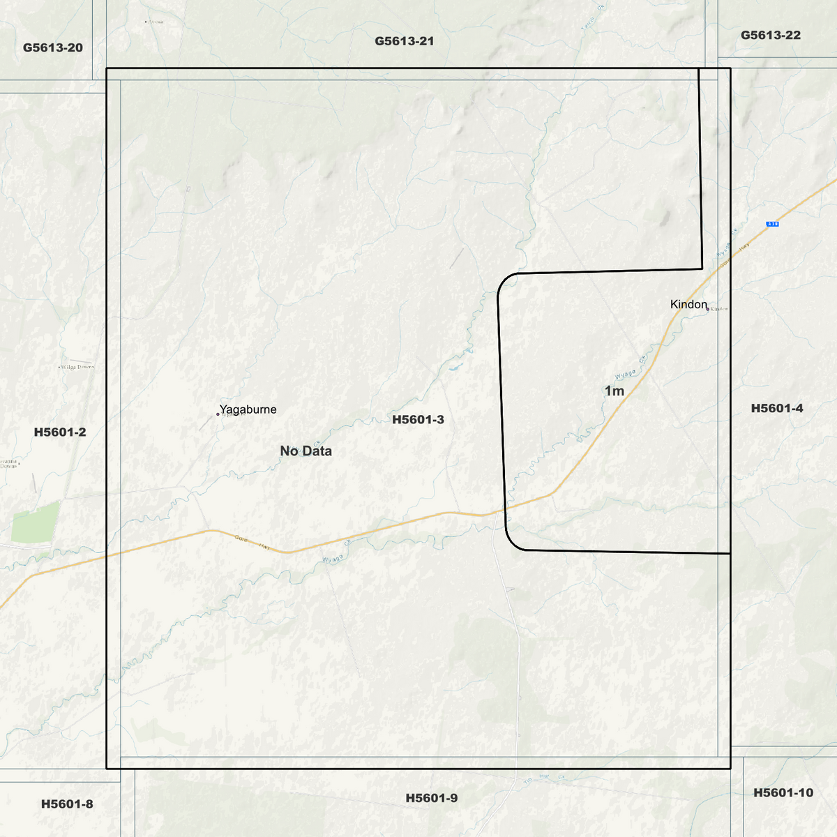 Kindon background map showing data coverage boundaries without an elevation overlay.