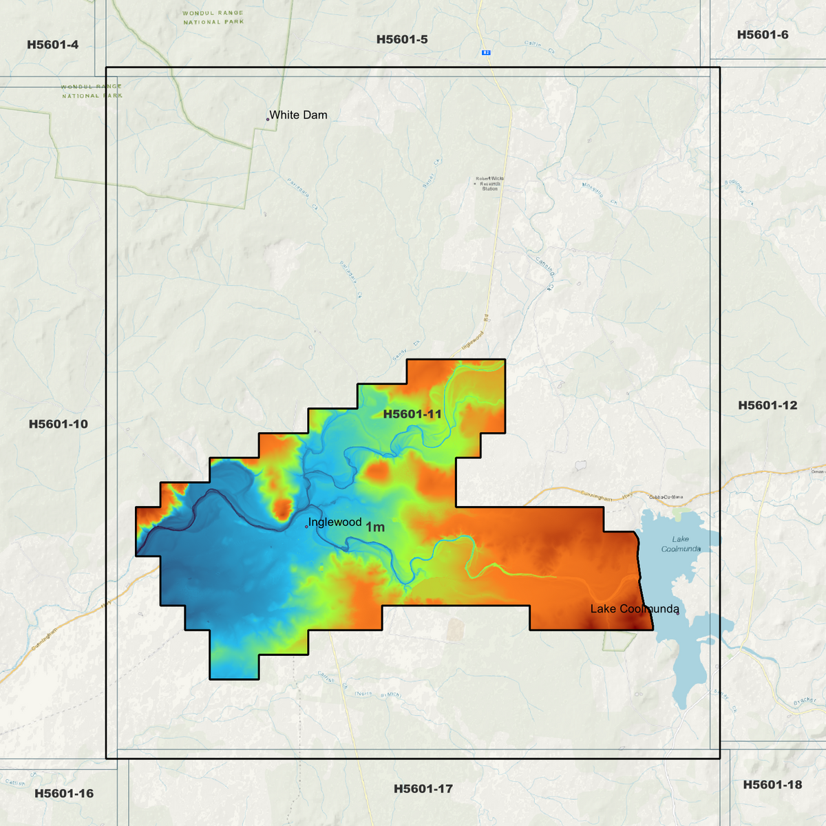 Inglewood coverage overview in pseudocolour, marking the available elevation data areas.
