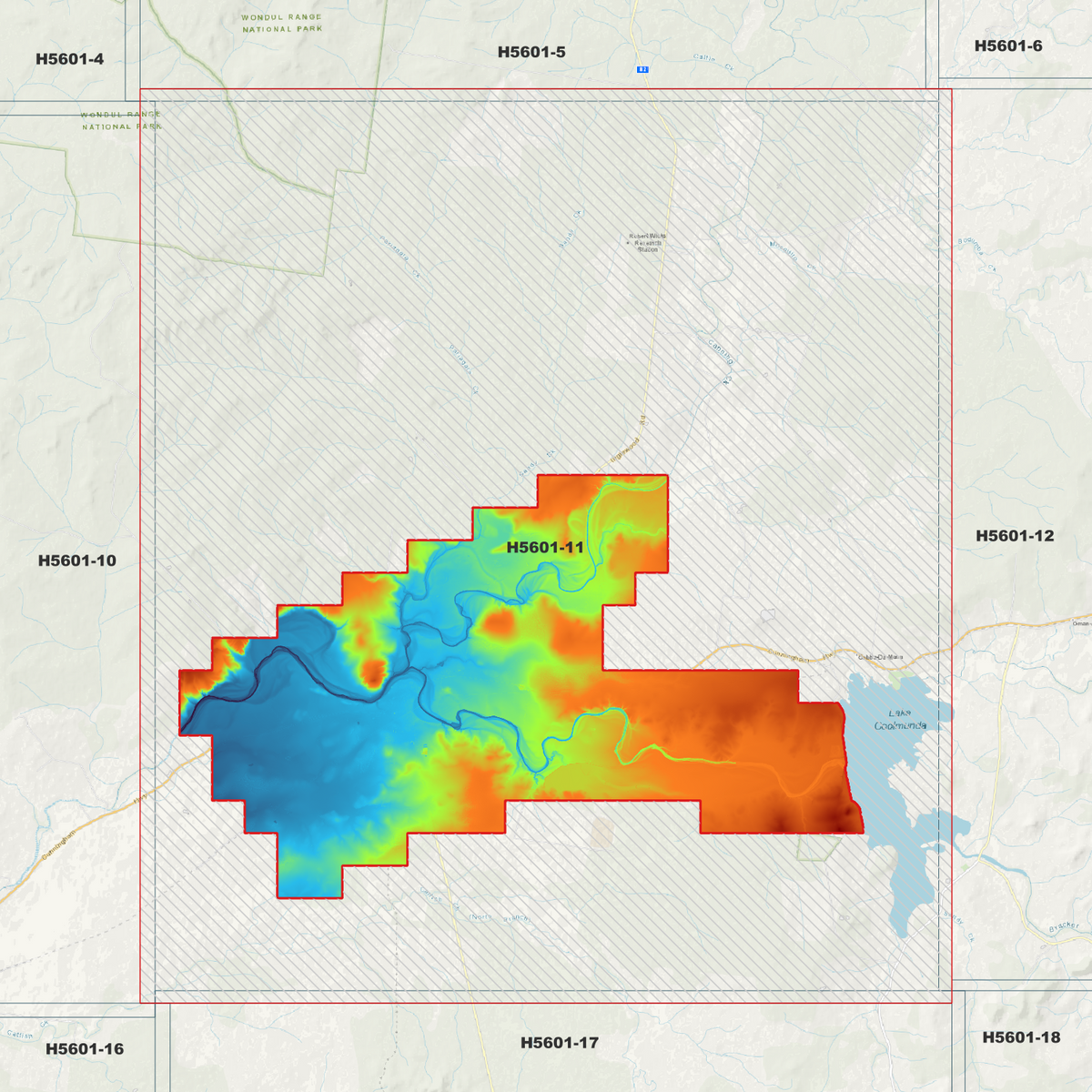Inglewood 1m elevation map in single-band pseudocolour, with the data extent outlined over a background map.
