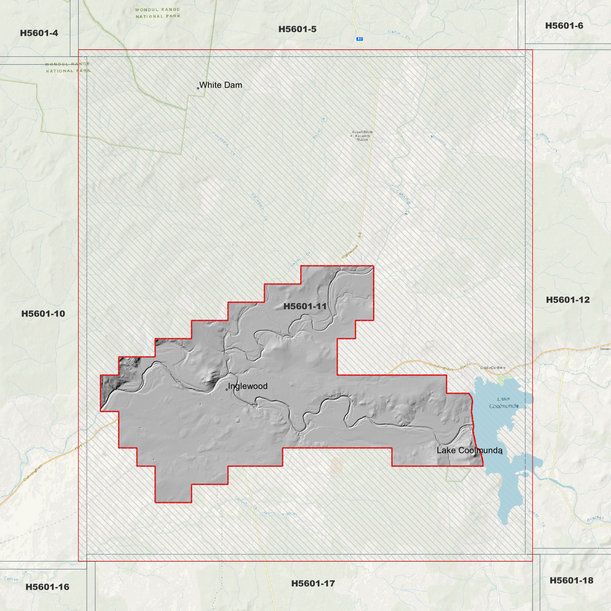 Inglewood 1m hillshade showing winding river channels within the partial coverage boundary near Lake Coolmunda.
