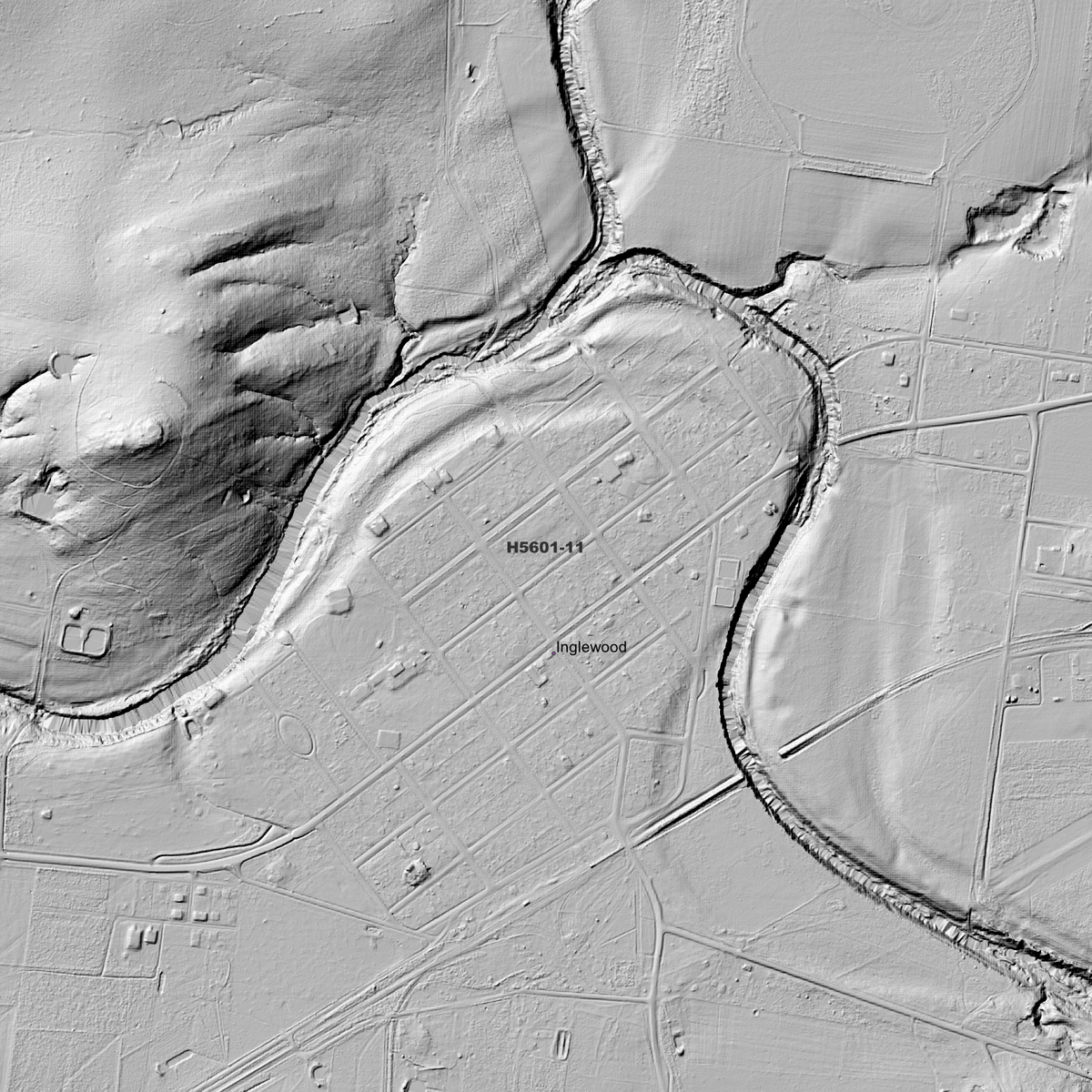 Close-up Inglewood hillshade showing river bends, streets and the surrounding terrain.
