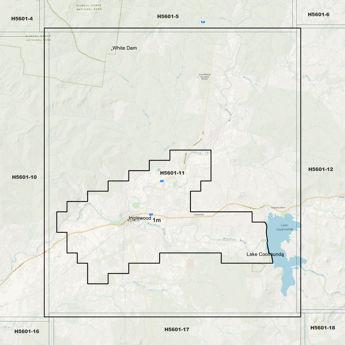 Inglewood background map showing data coverage boundaries without an elevation overlay.
