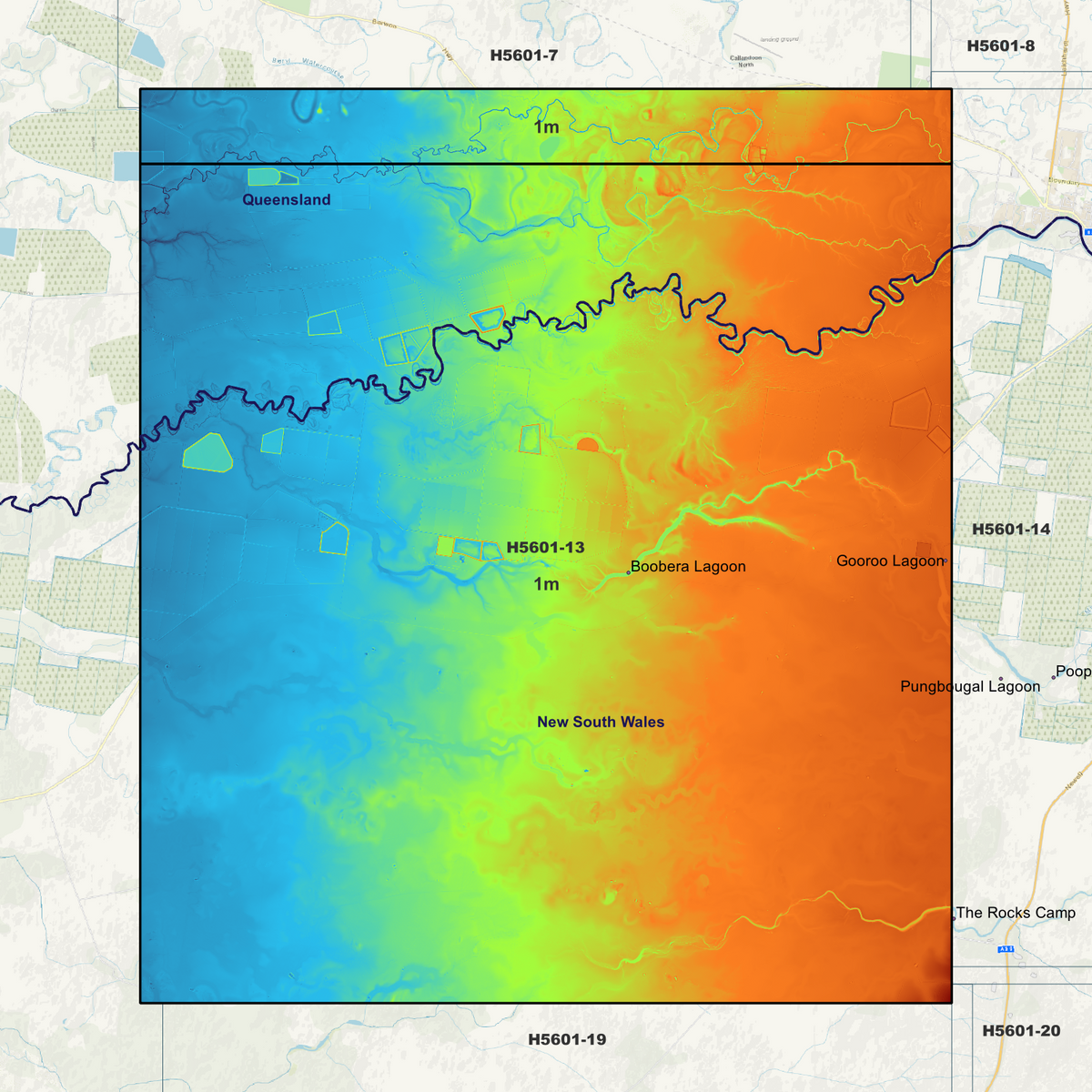 Boobera Lagoon coverage overview in pseudocolour, marking the available elevation data areas.
