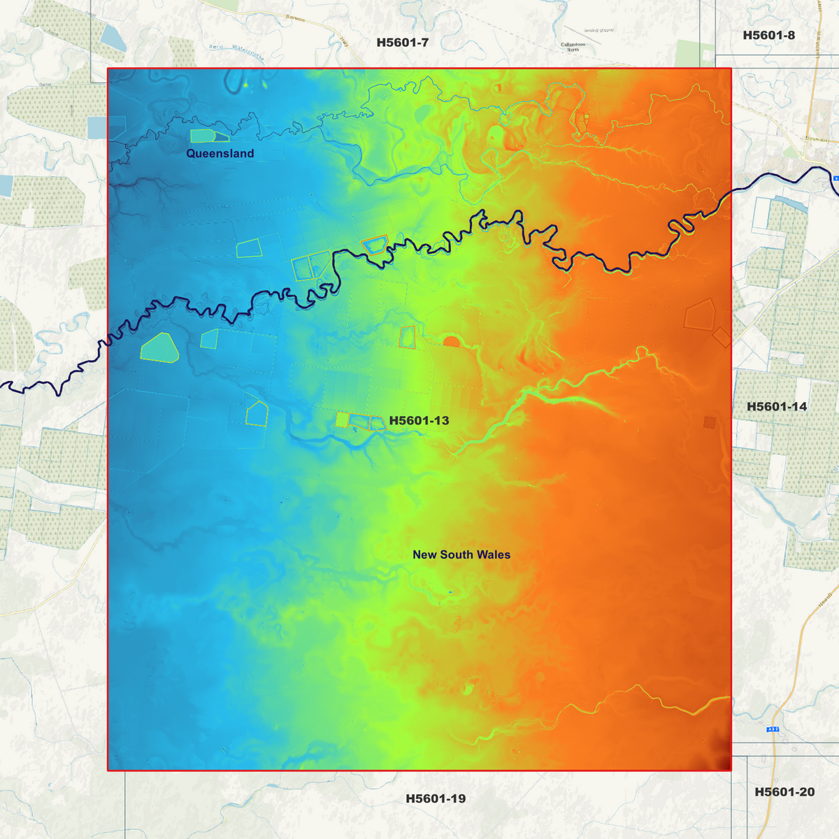 Boobera Lagoon 1m elevation map in single-band pseudocolour, with the data extent outlined over a background map.

