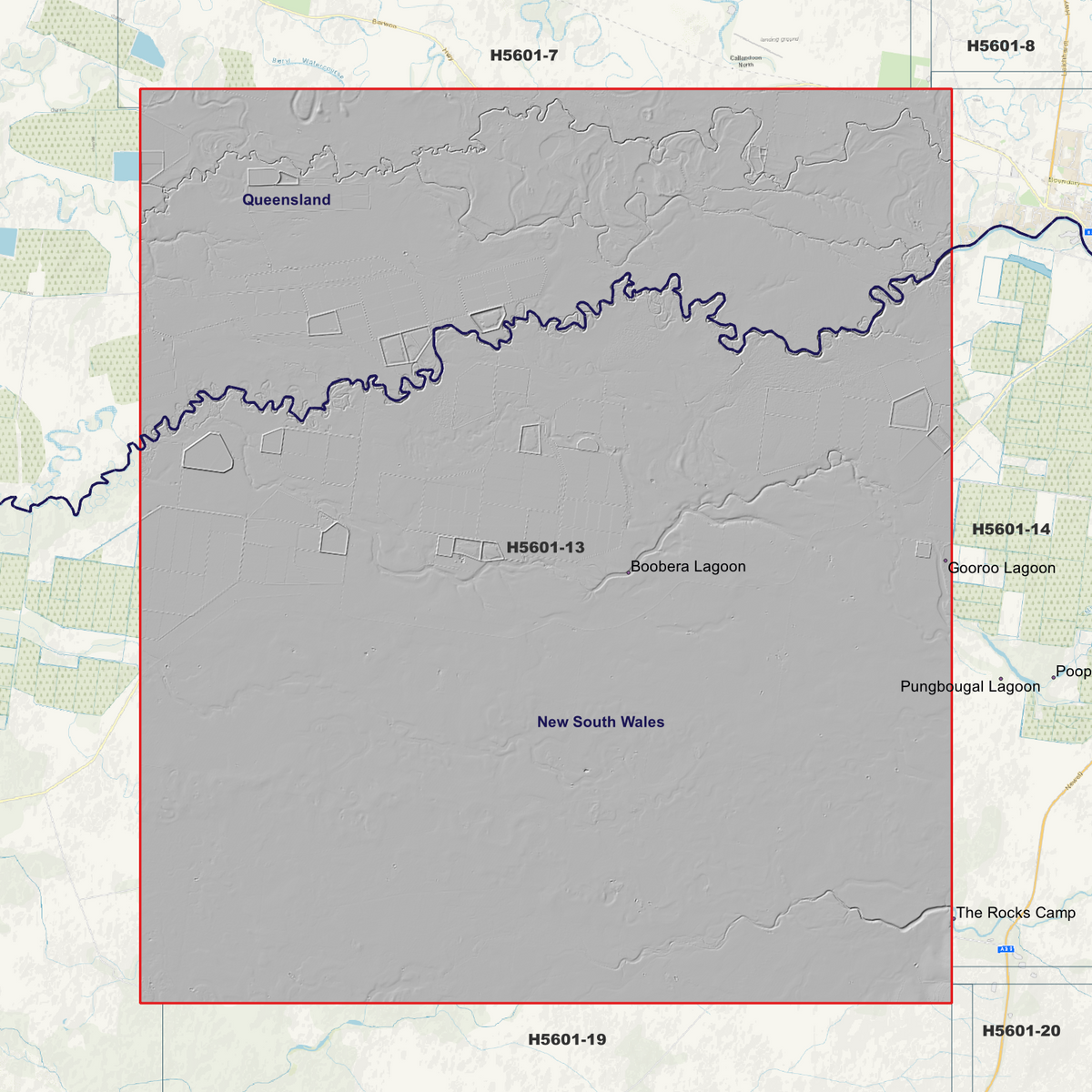 Boobera Lagoon 1m hillshade showing terrain relief within the outlined data coverage area.
