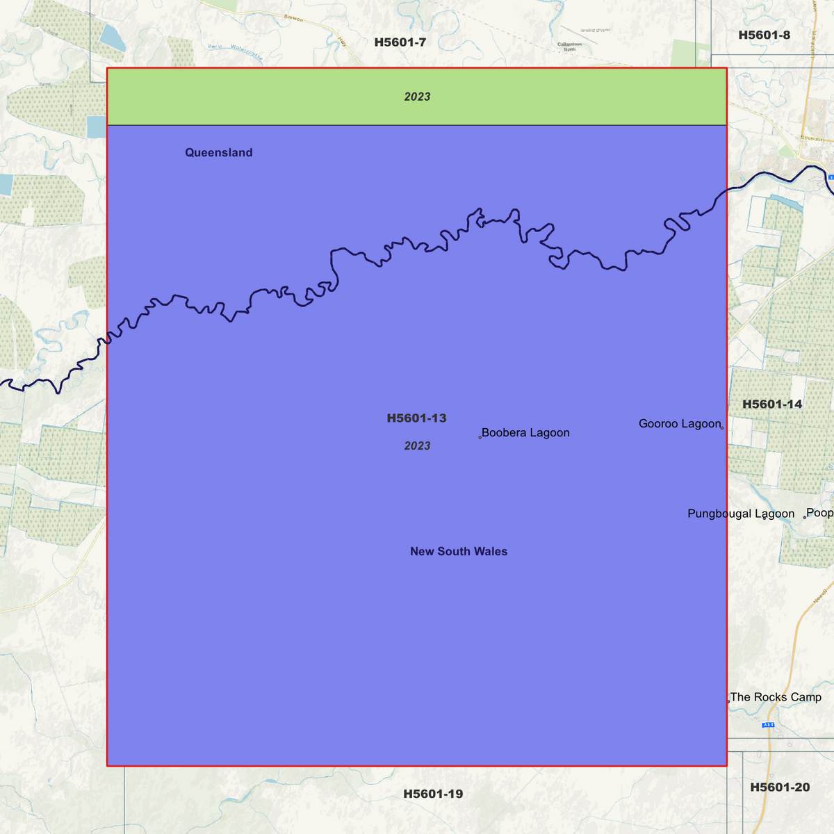 Boobera Lagoon 1m metadata index showing coloured survey coverage areas with date labels.
