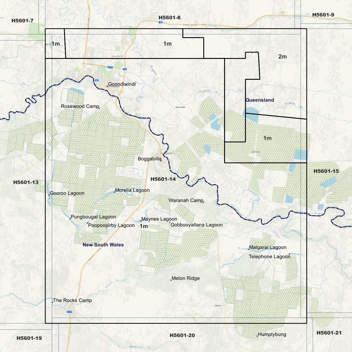 Goondiwindi background map showing data coverage boundaries without an elevation overlay.
