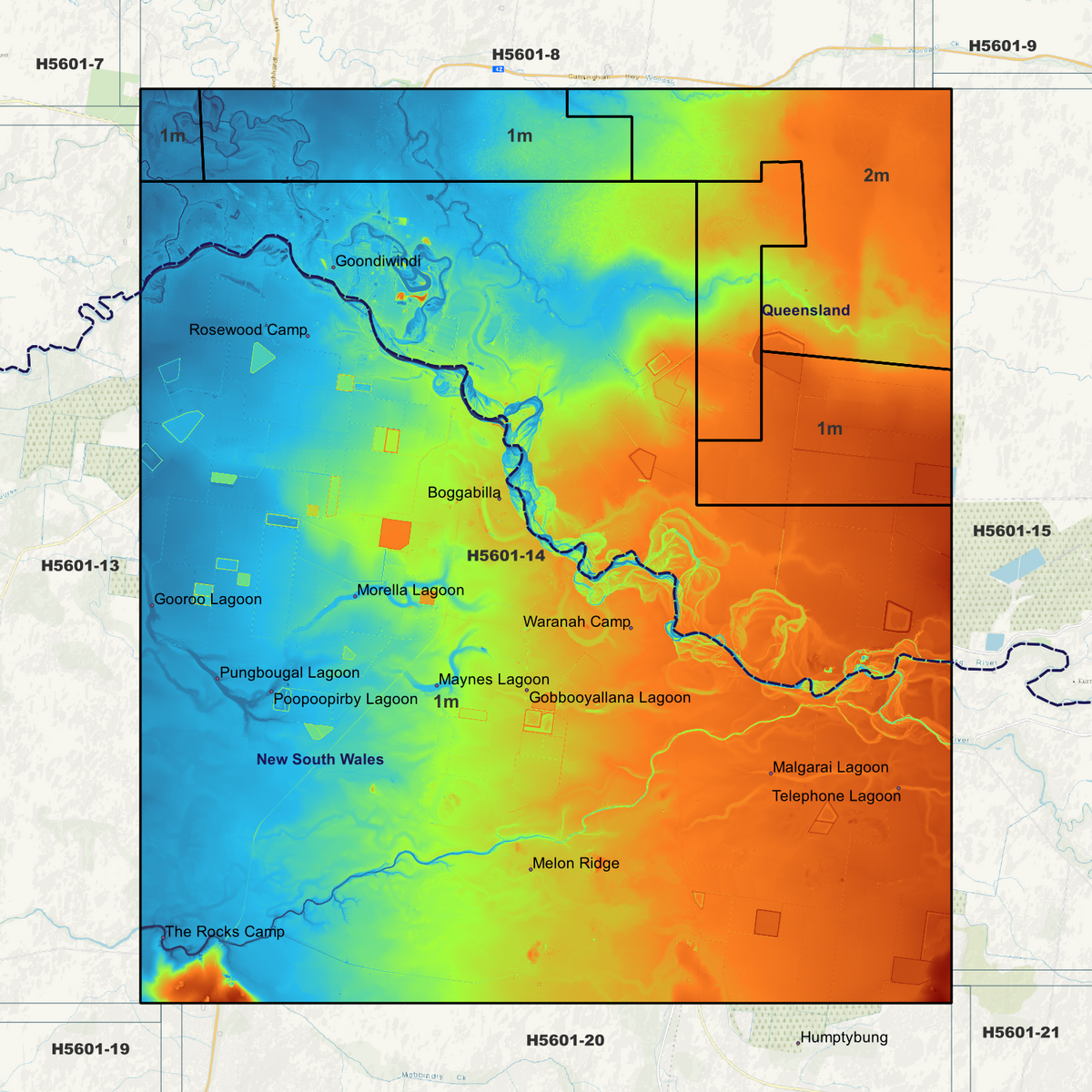 Goondiwindi coverage overview in pseudocolour, marking the available elevation data areas.
