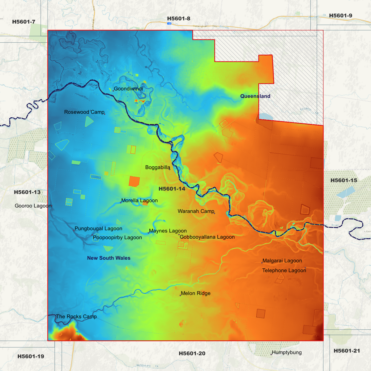 Goondiwindi 1m elevation map in single-band pseudocolour, with the data extent outlined over a background map.
