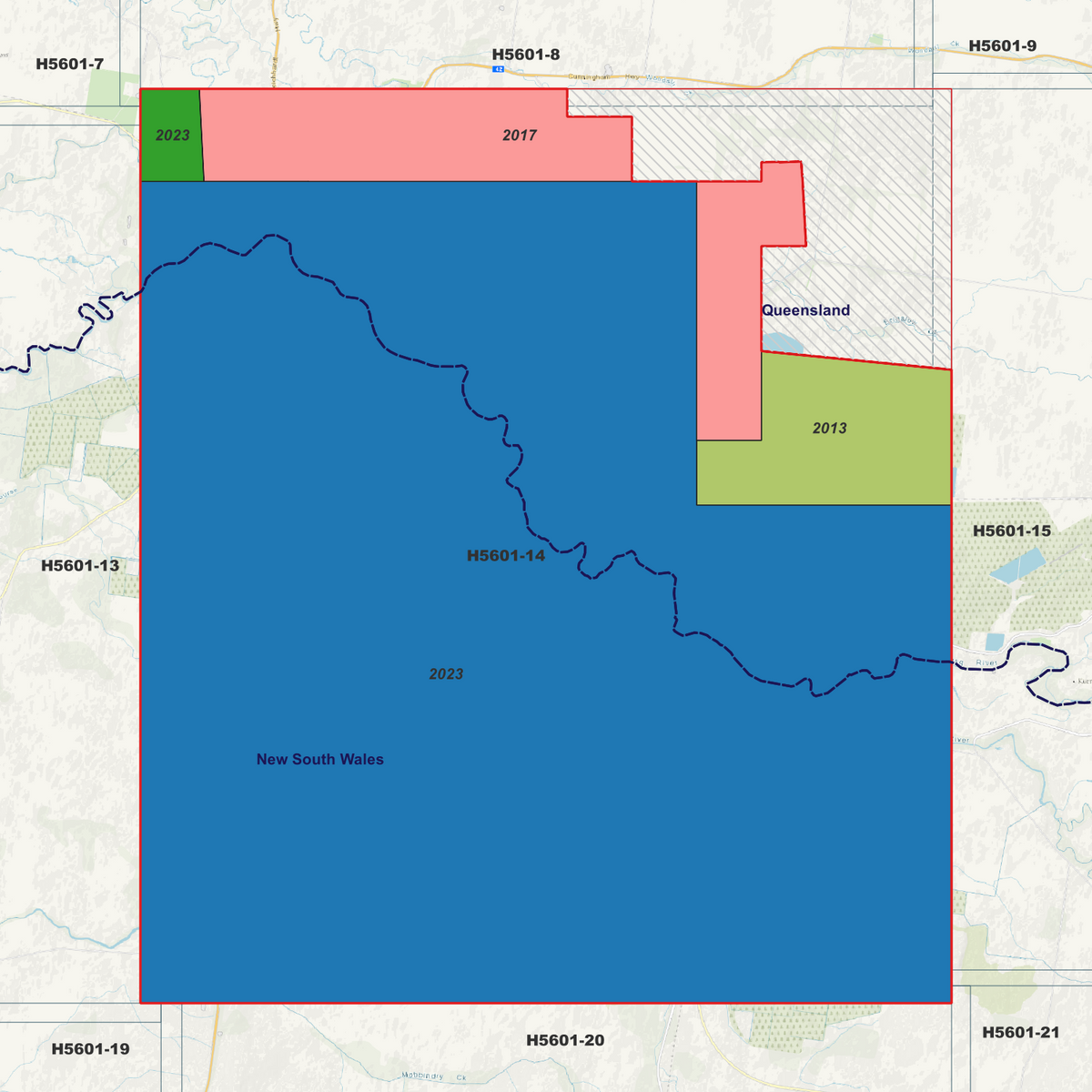 Goondiwindi 1m metadata index showing coloured survey coverage areas with date labels.

