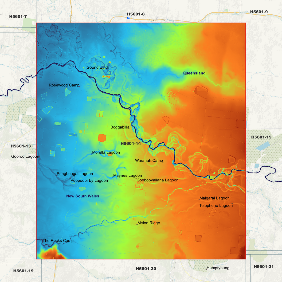 Goondiwindi 2m elevation map in single-band pseudocolour, with the data extent outlined over a background map.
