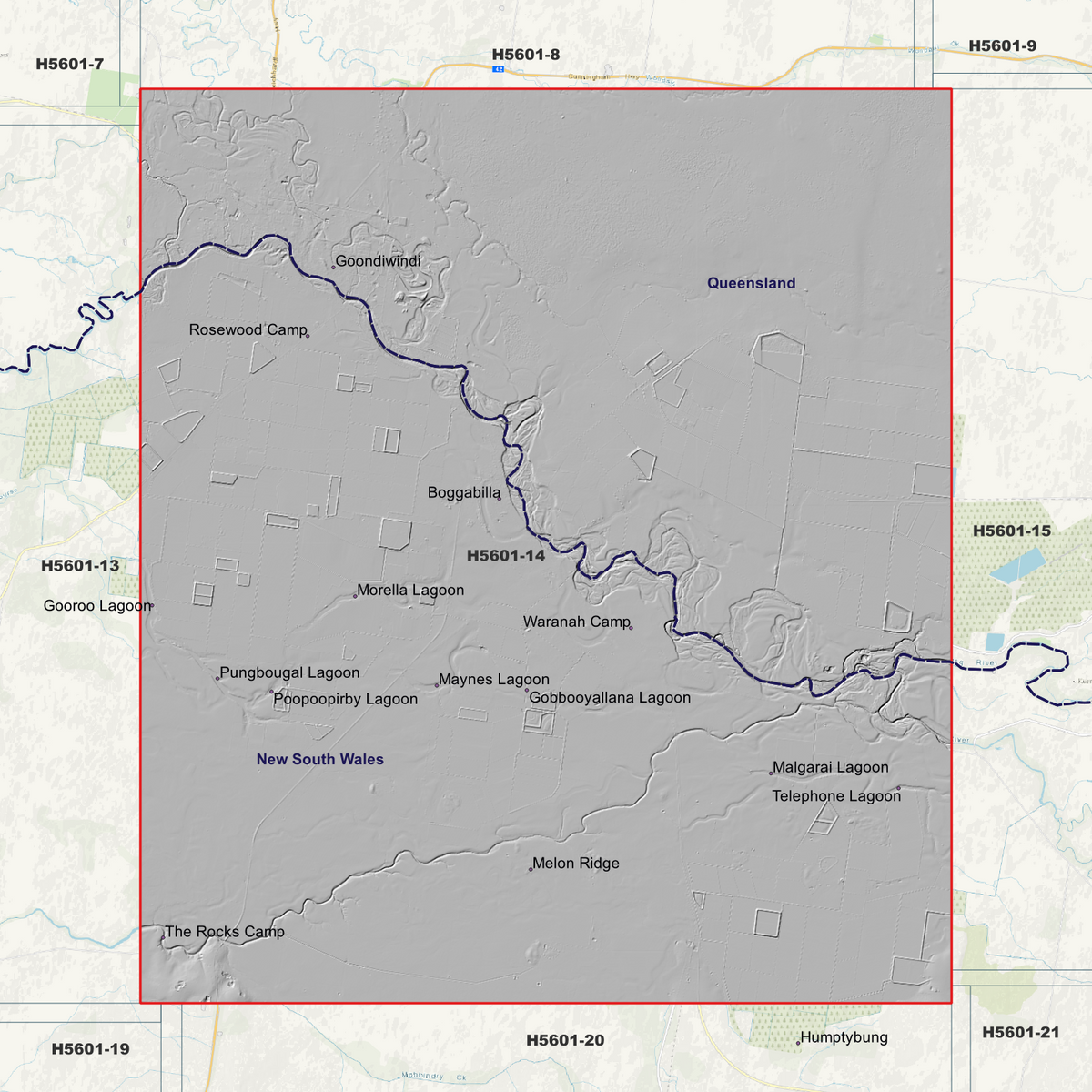 Goondiwindi 2m hillshade showing terrain relief within the outlined data coverage area.
