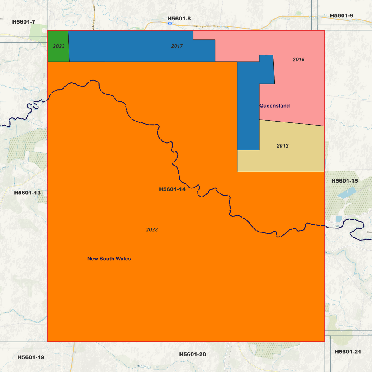Goondiwindi 2m metadata index showing coloured survey coverage areas with date labels.
