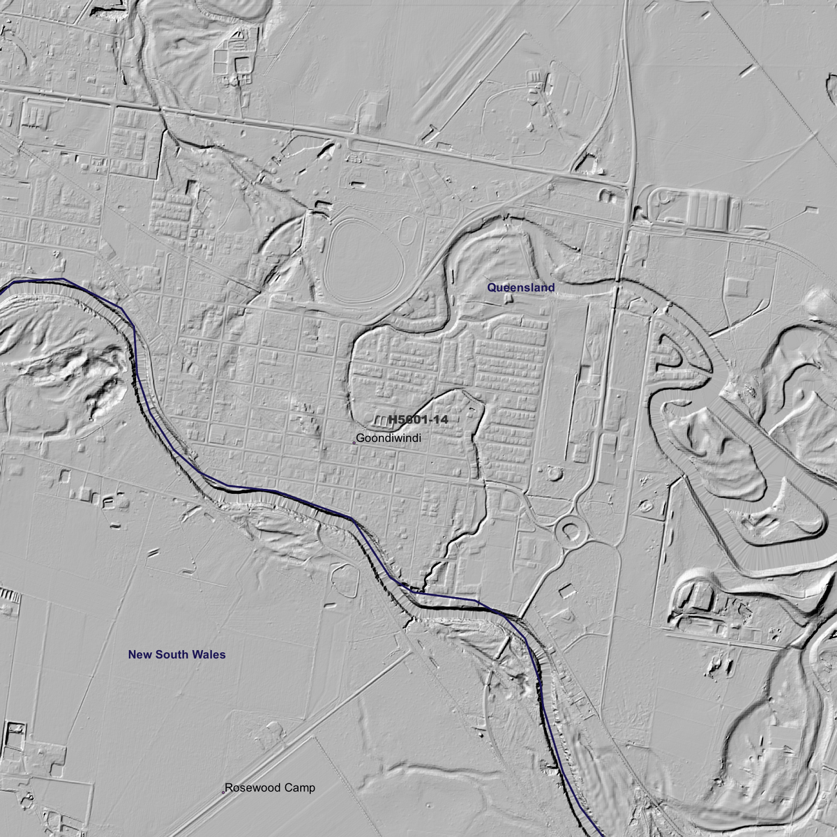 Close-up Goondiwindi 2m hillshade showing local terrain detail.
