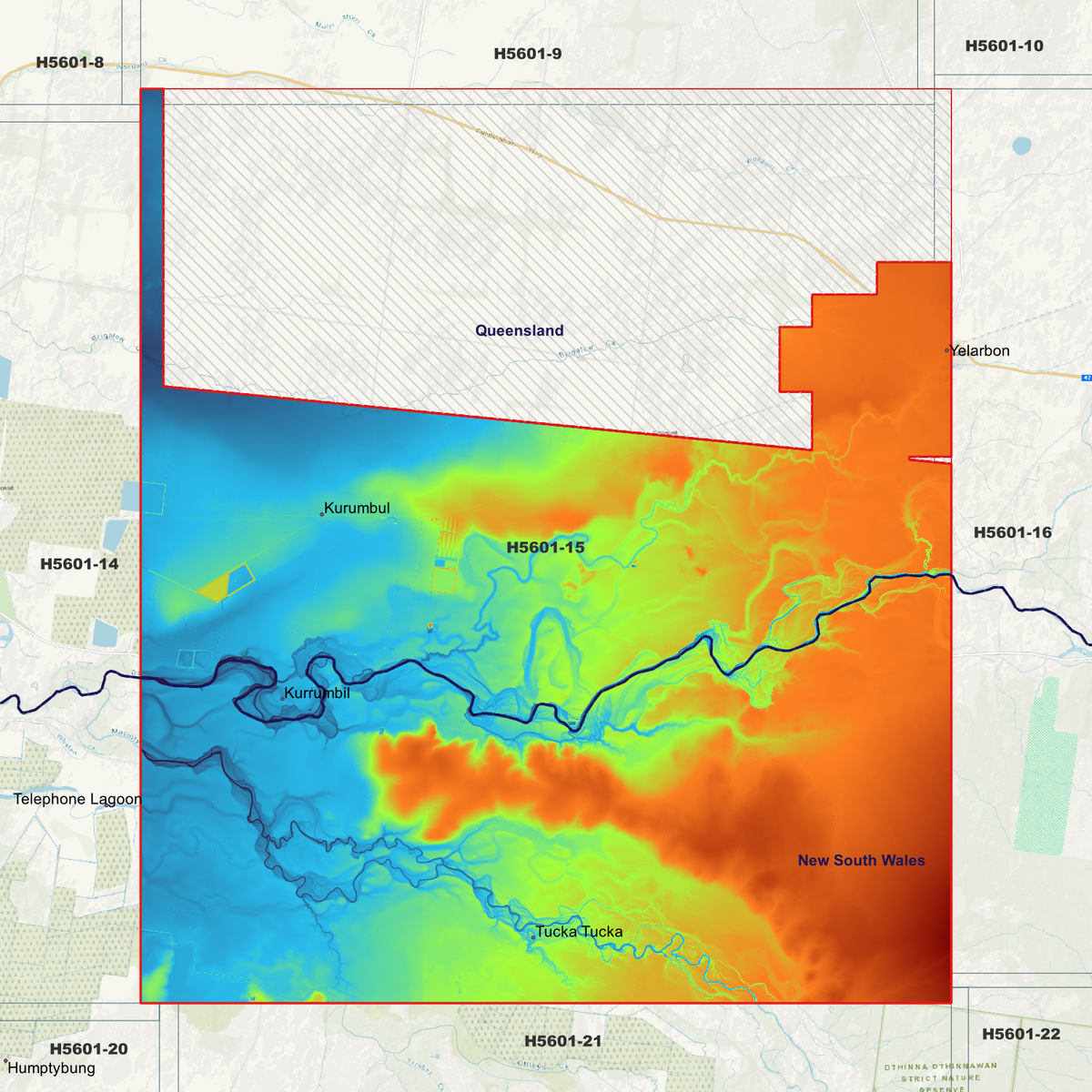 Tucka Tucka 2m elevation map in single-band pseudocolour, with the data extent outlined over a background map.
