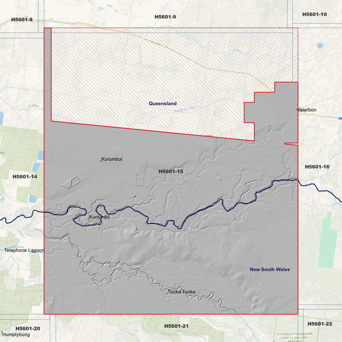 Tucka Tucka 2m hillshade showing terrain relief within the outlined data coverage area.
