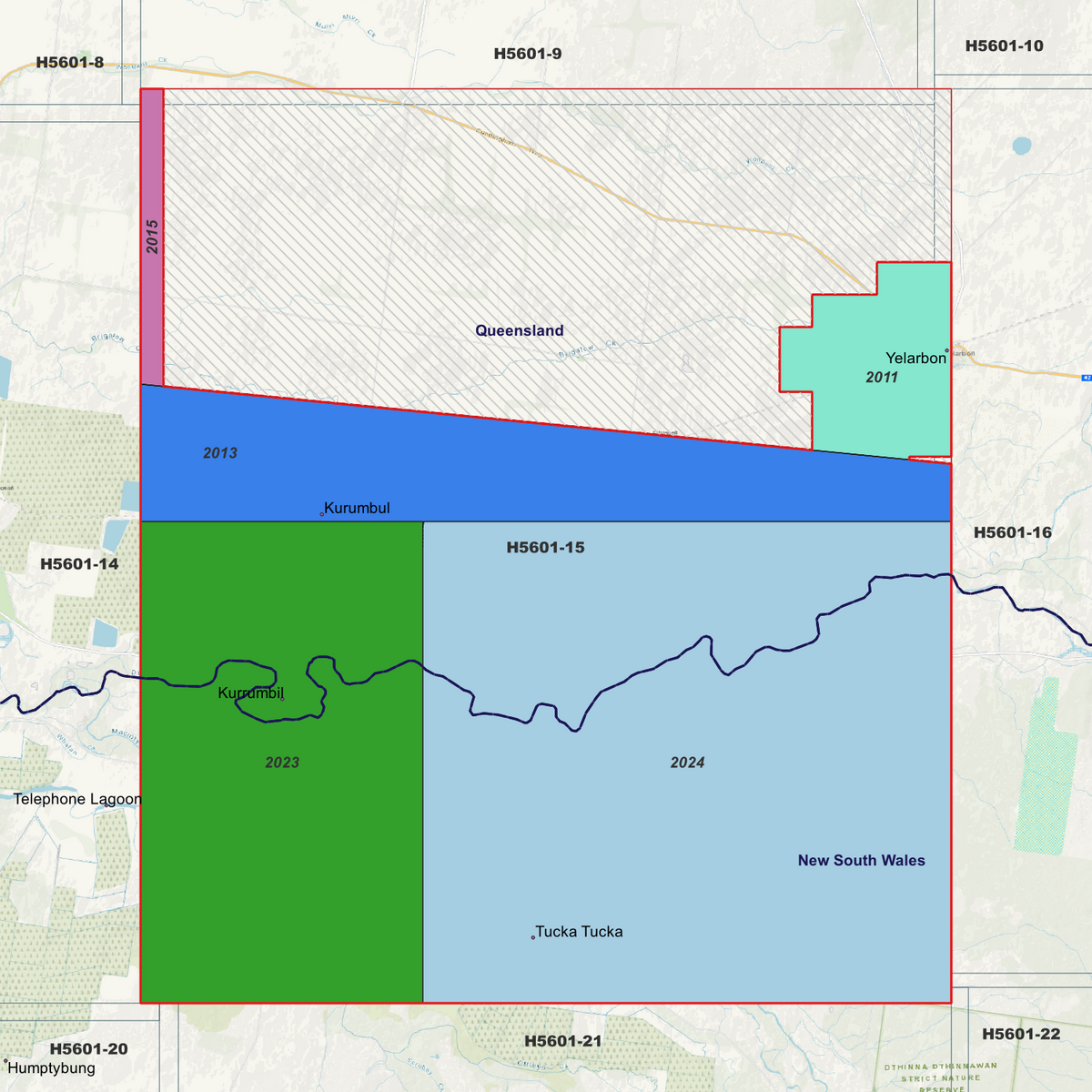 Tucka Tucka 2m metadata index showing coloured survey coverage areas with date labels.
