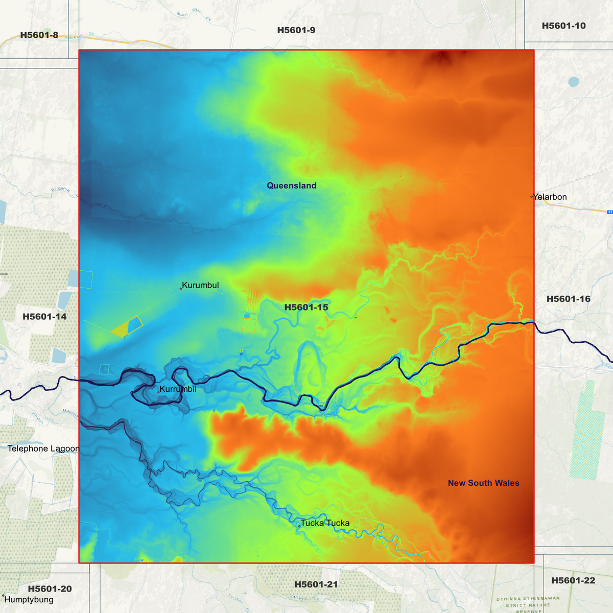 Tucka Tucka 5m elevation map in single-band pseudocolour, with the data extent outlined over a background map.
