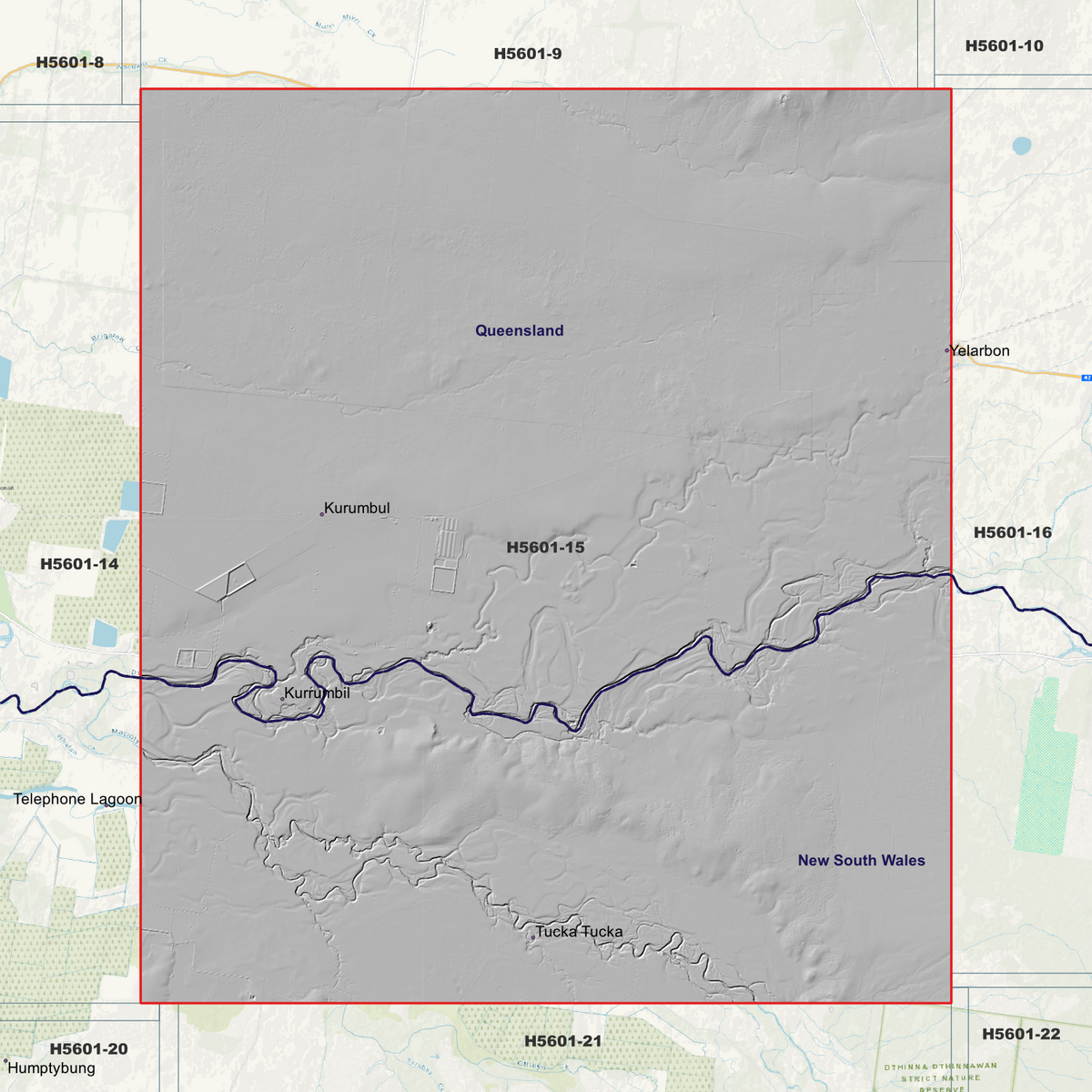 Tucka Tucka 5m hillshade showing terrain relief within the outlined data coverage area.
