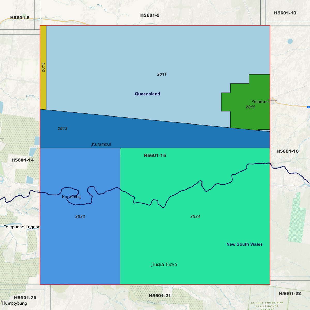 Tucka Tucka 5m metadata index showing coloured survey coverage areas with date labels.
