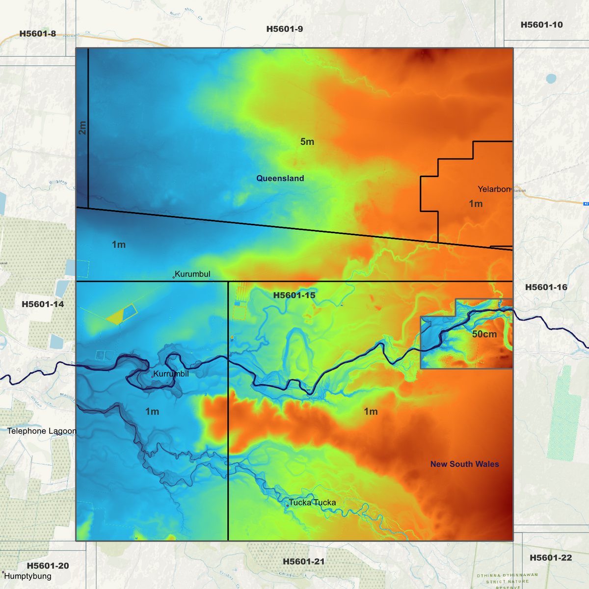 Tucka Tucka coverage overview in pseudocolour, marking the available elevation data areas.
