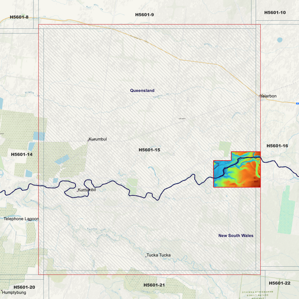 Tucka Tucka 50cm elevation map in single-band pseudocolour, with the data extent outlined over a background map.
