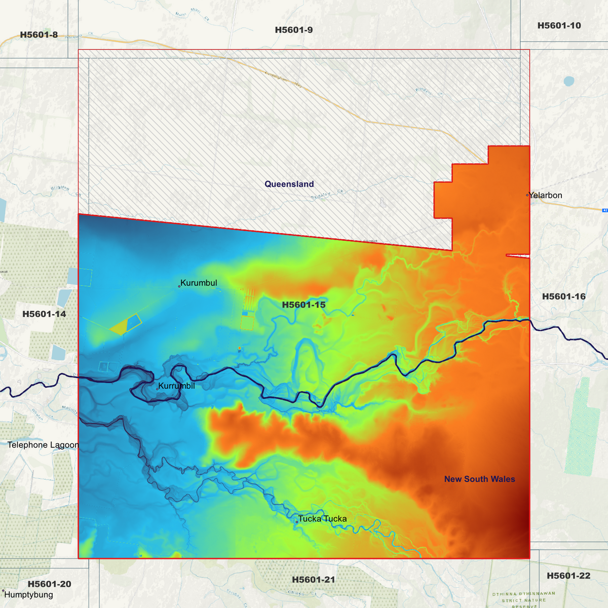 Tucka Tucka 1m elevation map in single-band pseudocolour, with the data extent outlined over a background map.
