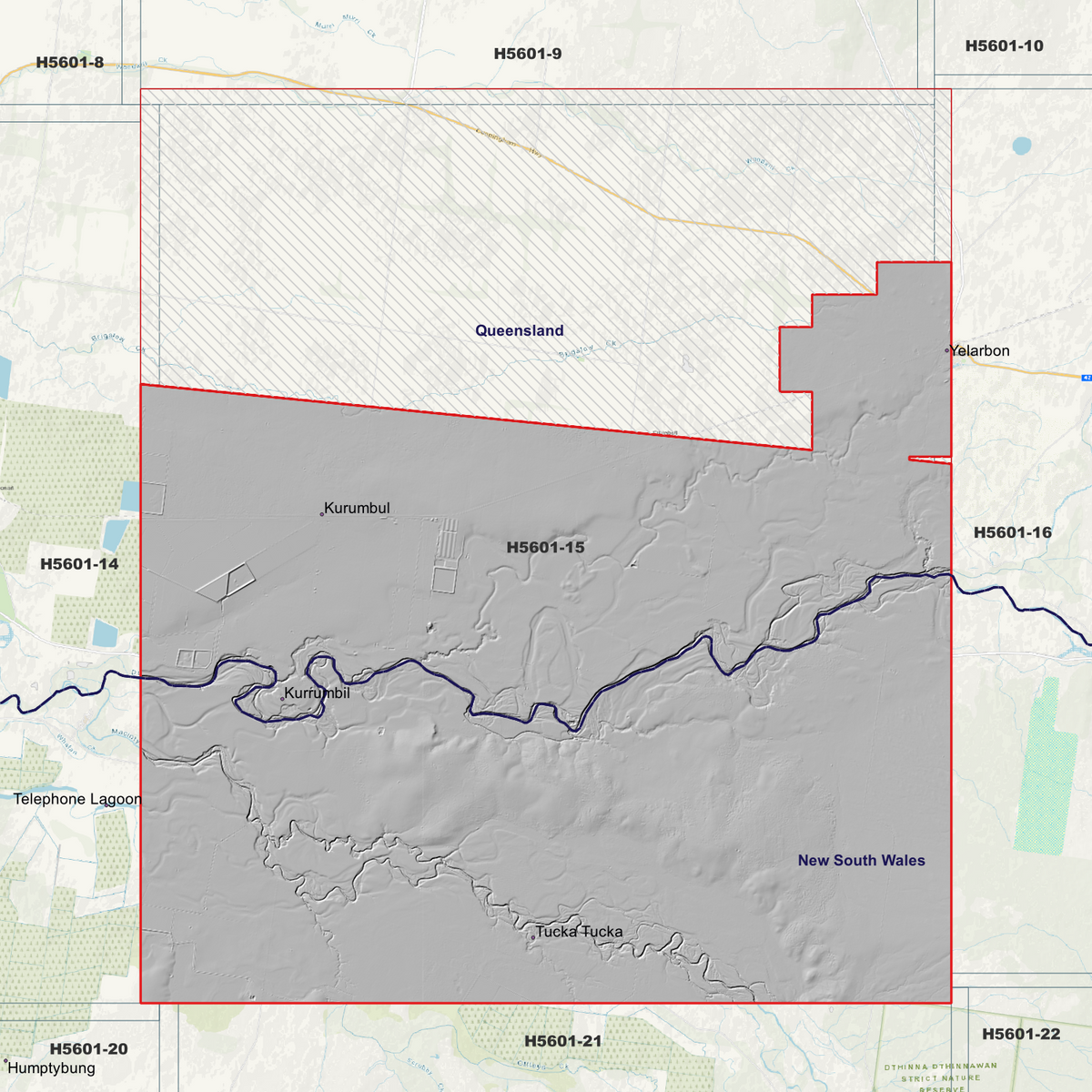 Tucka Tucka 1m hillshade showing terrain relief within the outlined data coverage area.
