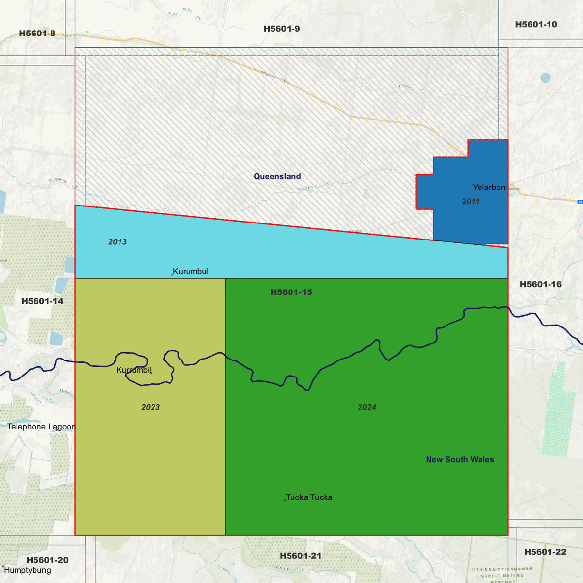 Tucka Tucka 1m metadata index showing coloured survey coverage areas with date labels.

