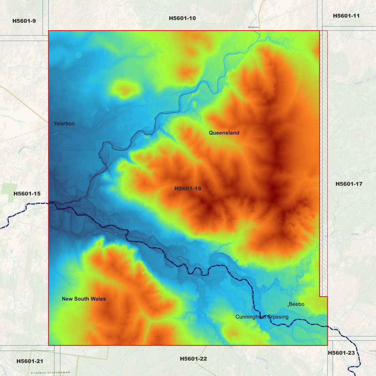 Yelarbon 5m elevation map in single-band pseudocolour, with the data extent outlined over a background map.
