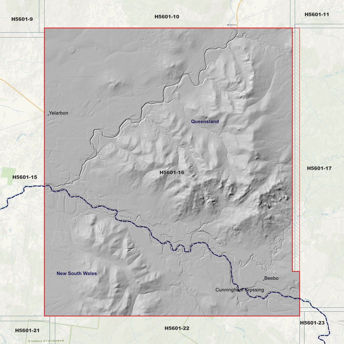 Yelarbon 5m hillshade showing terrain relief within the outlined data coverage area.
