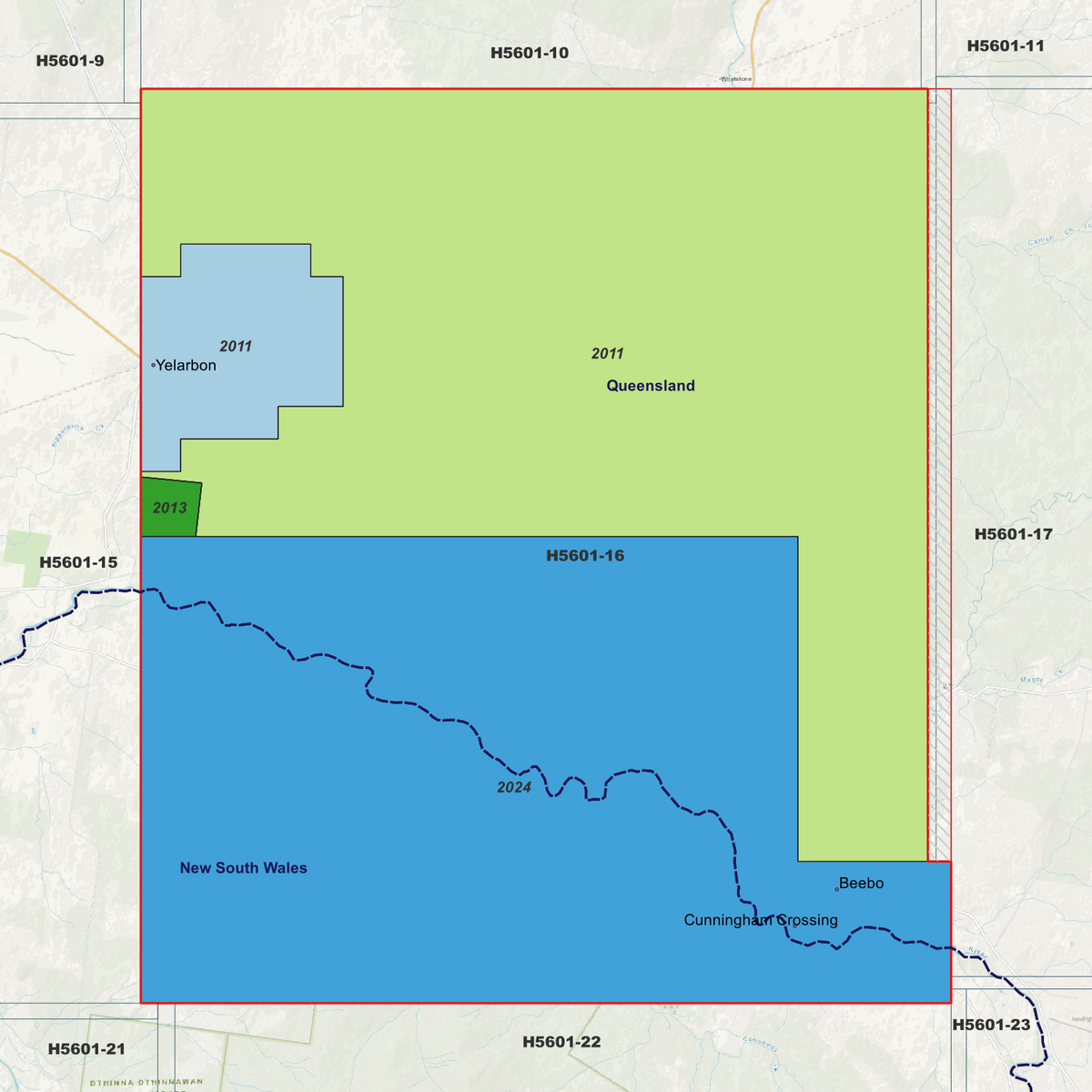 Yelarbon 5m metadata index showing coloured survey coverage areas with date labels.
