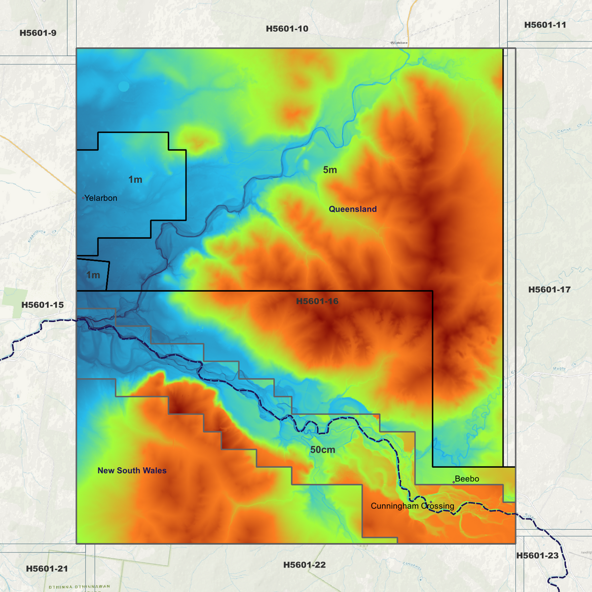 Yelarbon coverage overview in pseudocolour, marking the available elevation data areas.
