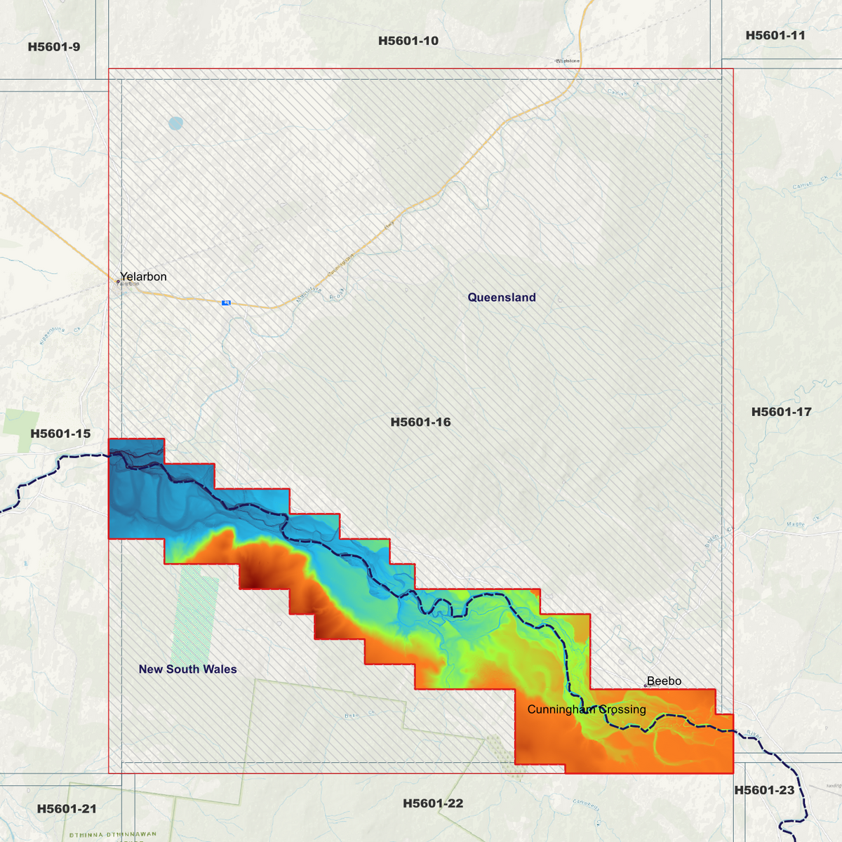 Yelarbon 50cm elevation map in single-band pseudocolour, with the data extent outlined over a background map.
