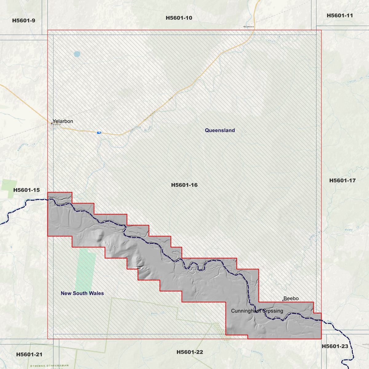 Yelarbon 50cm hillshade showing terrain relief within the outlined data coverage area.
