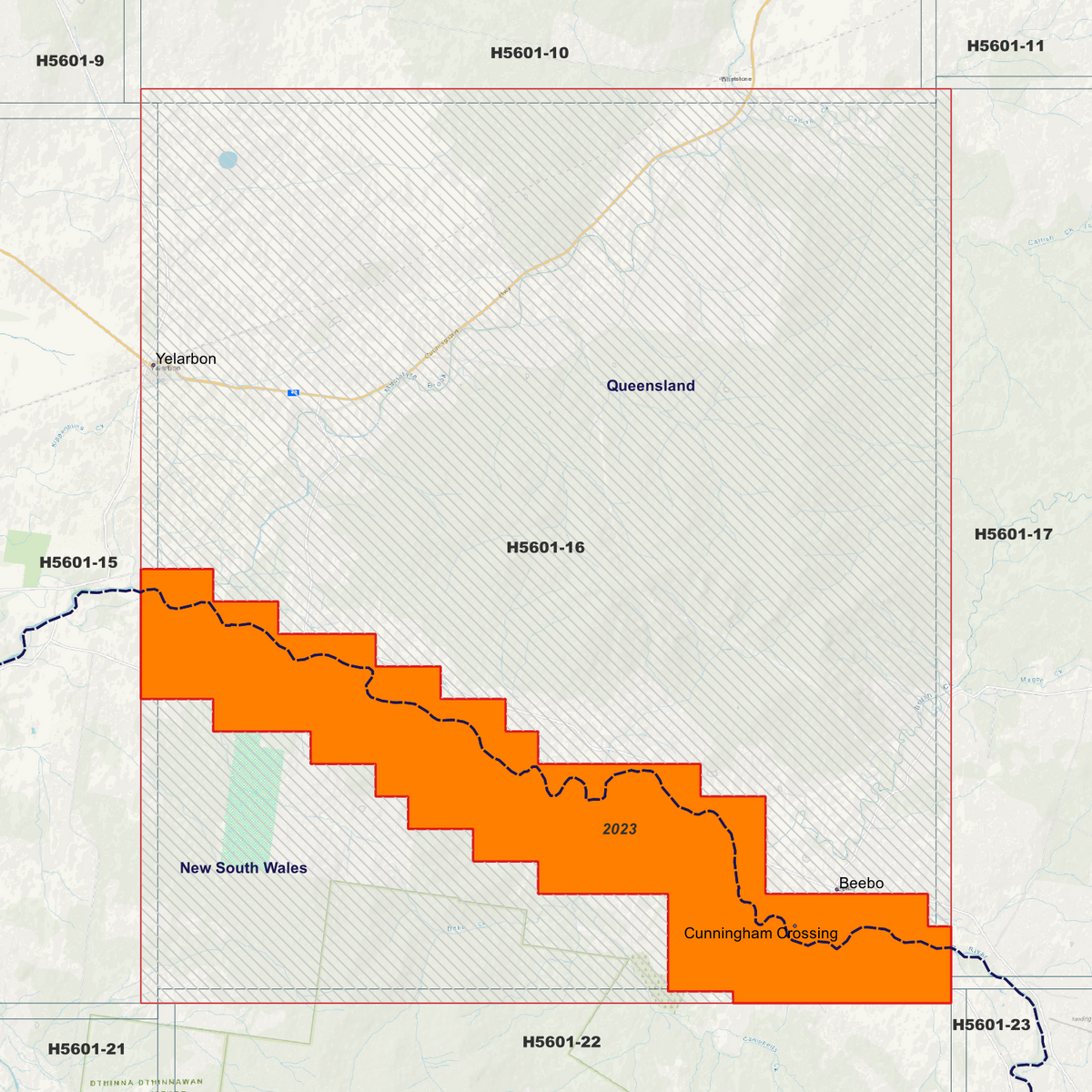 Yelarbon 50cm metadata index showing coloured survey coverage areas with date labels.
