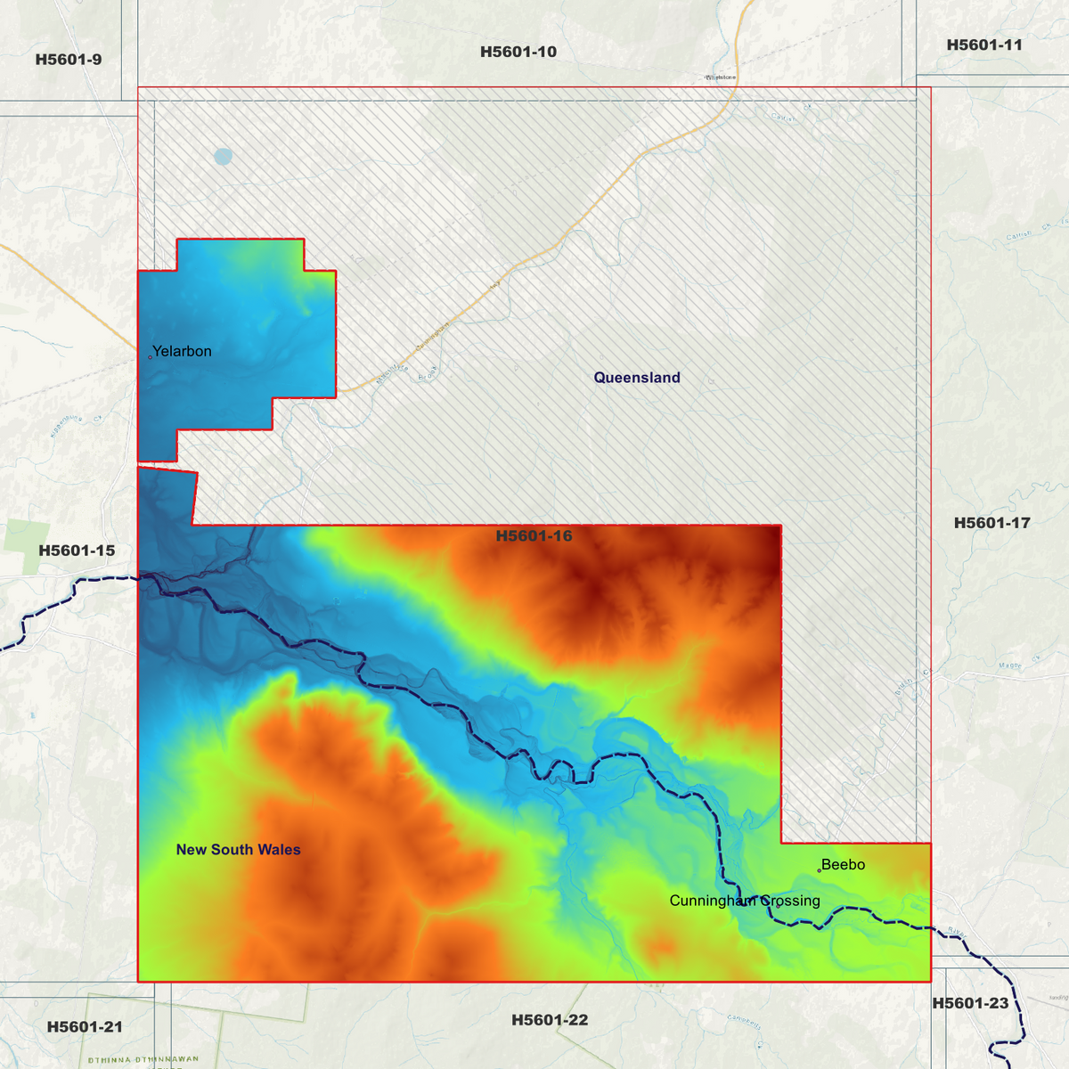 Yelarbon 1m elevation map in single-band pseudocolour, with the data extent outlined over a background map.
