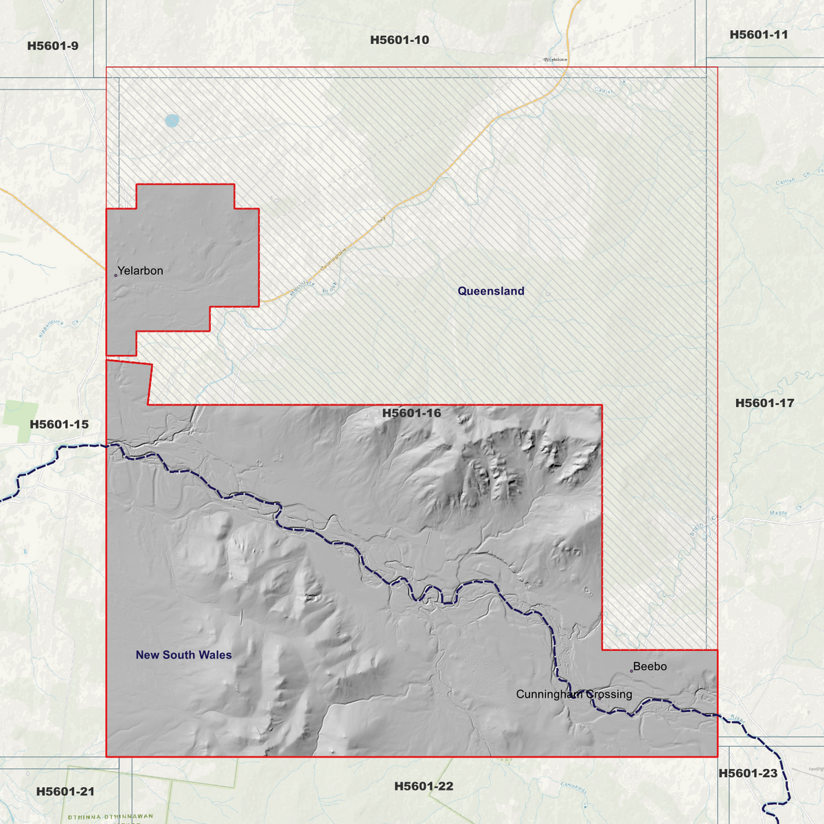 Yelarbon 1m hillshade showing terrain relief within the outlined data coverage area.
