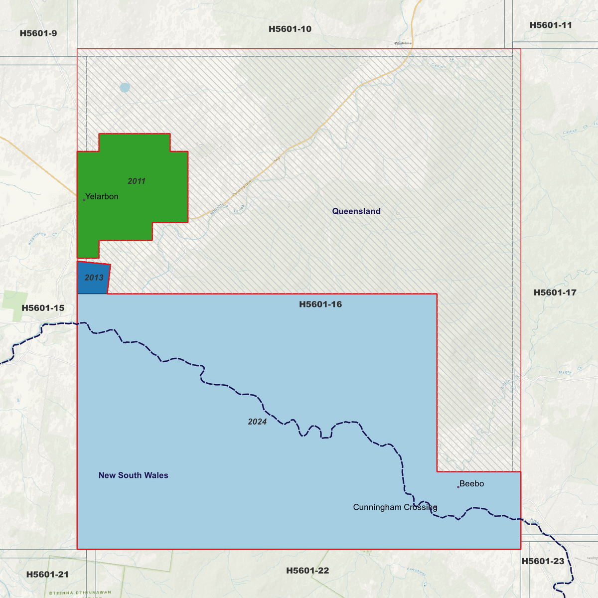 Yelarbon 1m metadata index showing coloured survey coverage areas with date labels.
