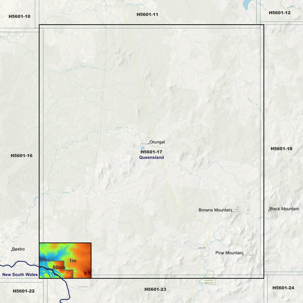 Orungal coverage overview in pseudocolour, marking the available elevation data areas.
