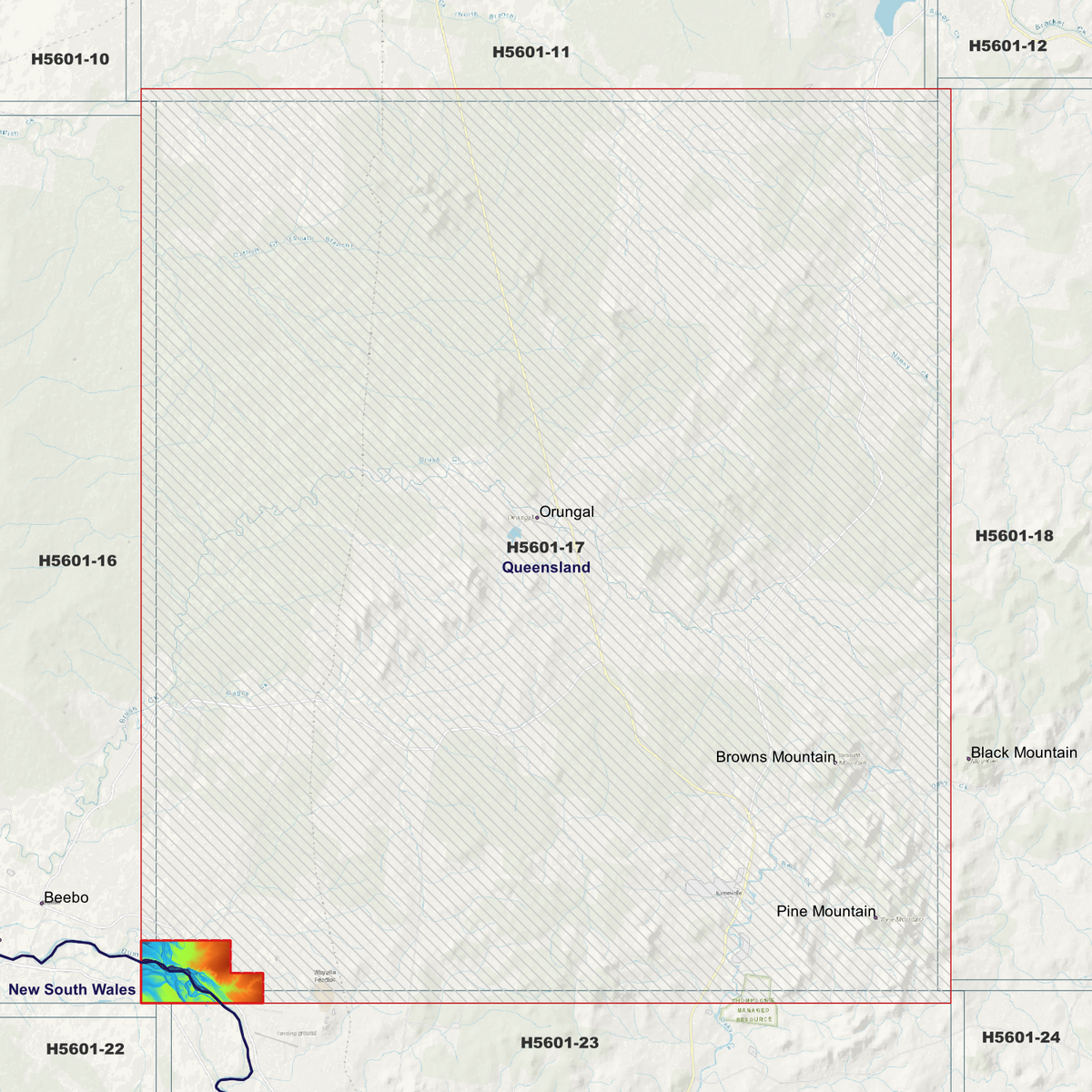 Orungal 50cm elevation map in single-band pseudocolour, with the data extent outlined over a background map.
