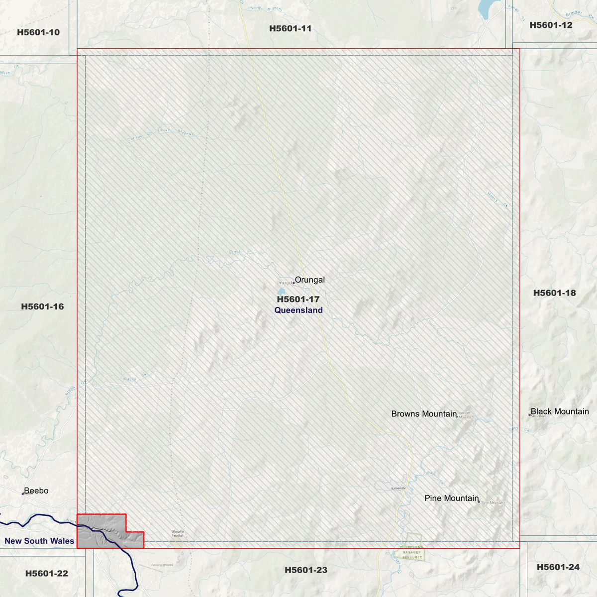 Orungal 50cm hillshade showing terrain relief within the outlined data coverage area.
