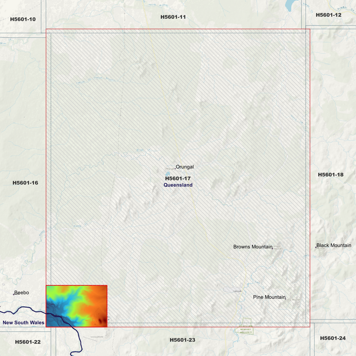 Orungal 1m elevation map in single-band pseudocolour, with the data extent outlined over a background map.
