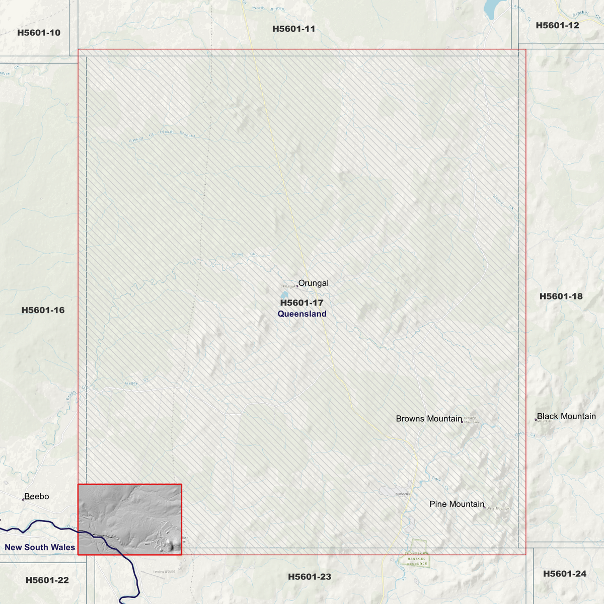 Orungal 1m hillshade showing terrain relief within the outlined data coverage area.
