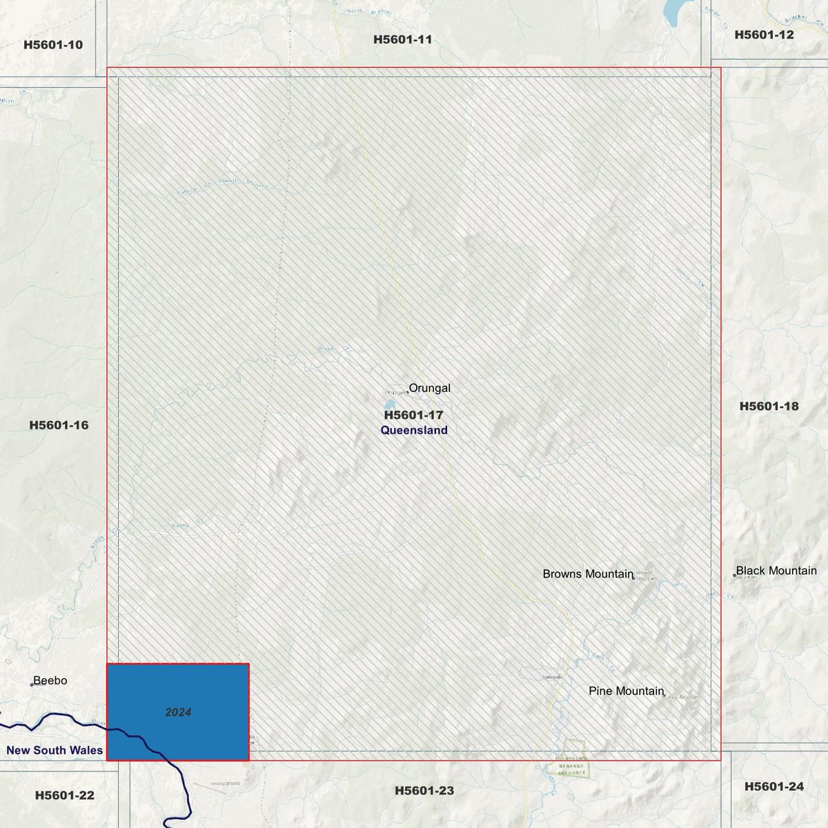 Orungal 1m metadata index showing coloured survey coverage areas with date labels.
