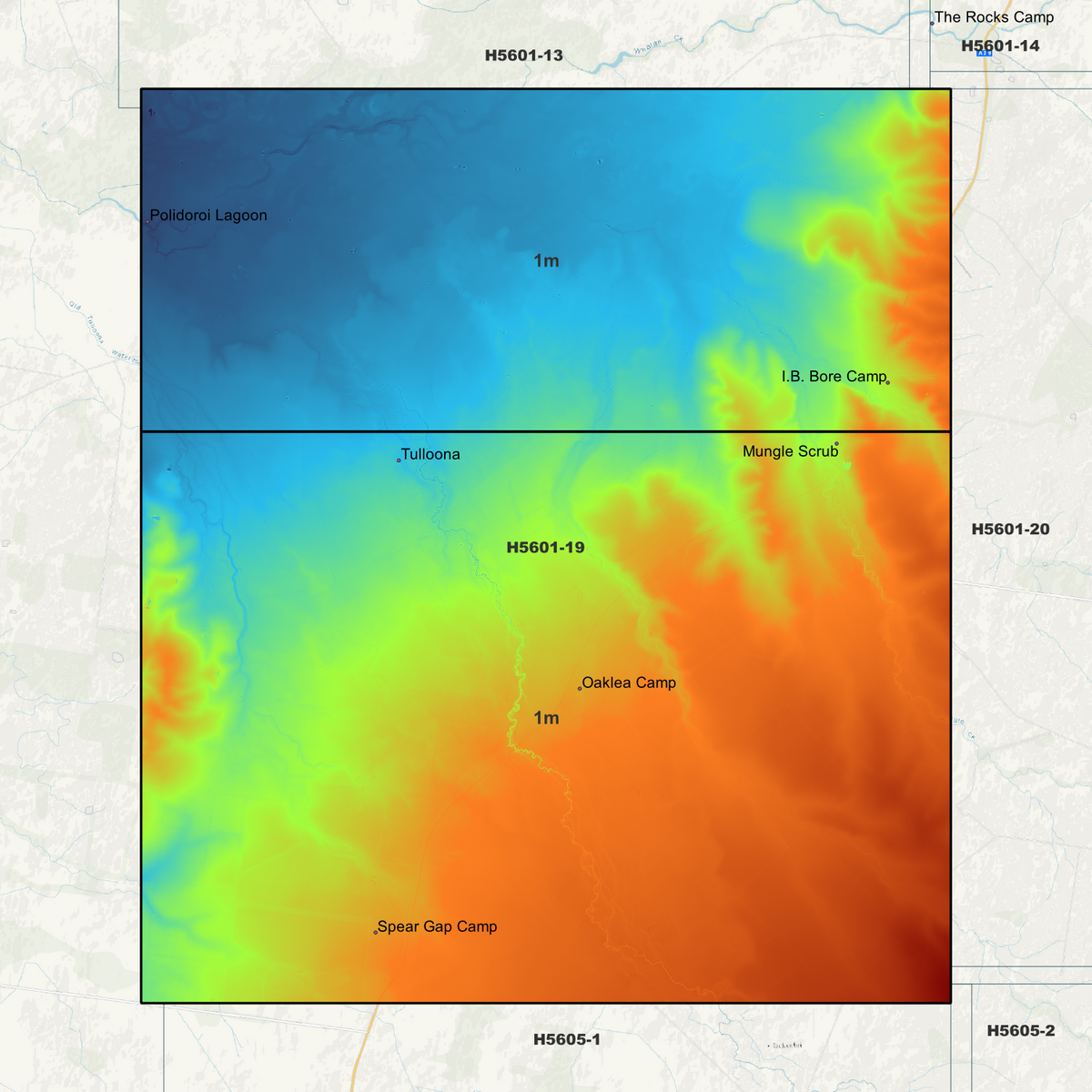 Tulloona coverage overview in pseudocolour, marking the available elevation data areas.
