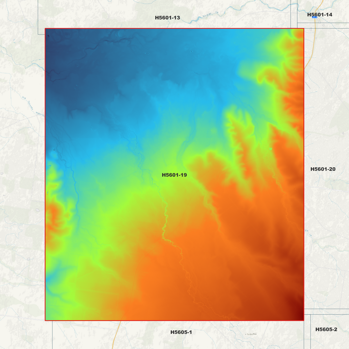 Tulloona 1m elevation map in single-band pseudocolour, with the data extent outlined over a background map.
